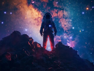 A lone astronaut stands on rugged terrain, amidst a backdrop of a vibrant cosmic nebula and twinkling stars.