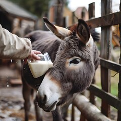 Fototapeta premium Farmer milks the donkey close up at wooden corral 