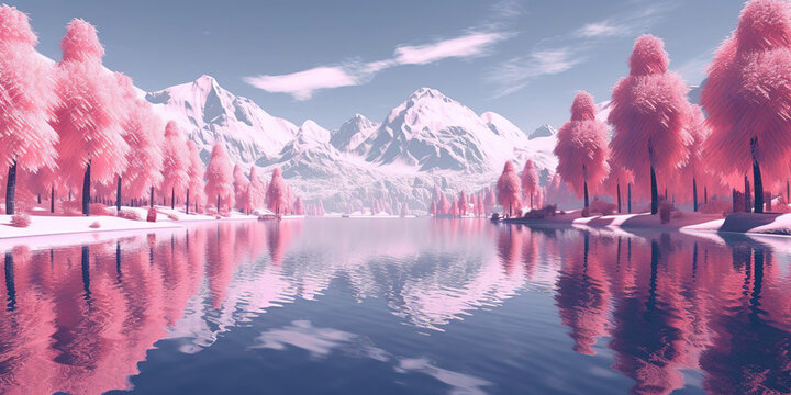 Infrared photography of mountains and lakes, pink sky, beautiful scenery, stunning, fantasy, magical, in the style of fantasy world, in the style of fantasy landscape, dreamy landscape