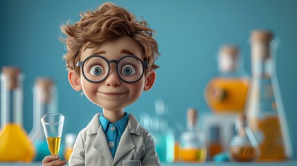 Cute little boy scientist holding test tube with liquid