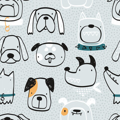 Vector hand-drawn color seamless repeating childish simple pattern with cute dogs, bones in Scandinavian style on a blue background. Children's texture with dogs. Dogs print. Pets.