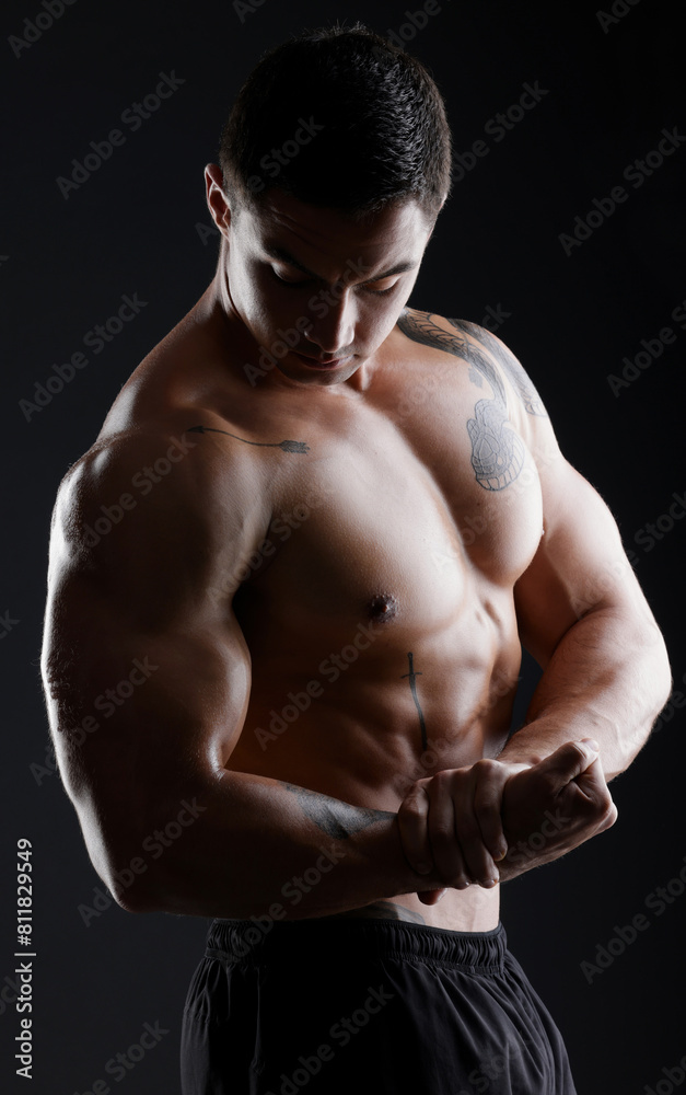 Canvas Prints Bodybuilder, flexing or muscle for fitness goals, workout or training motivation and healthcare wellness check. Man, sports athlete or model body on aesthetic backdrop on black studio background