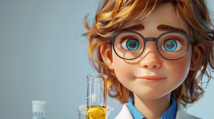 Close up portrait of a cute little girl in a lab coat and glasses.