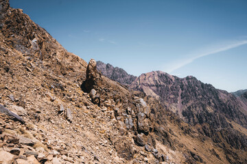 Toubkal National Park in Morocco is a landscape with rugged terrain. 
