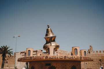 Large teapot and tea cups monument in Taroudant, Morocco.