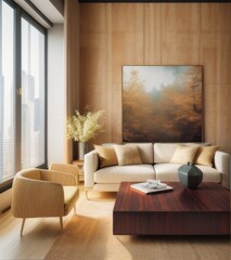 Photorealistic, beige living room with large abstract painting on the wall above sofa and armchair.