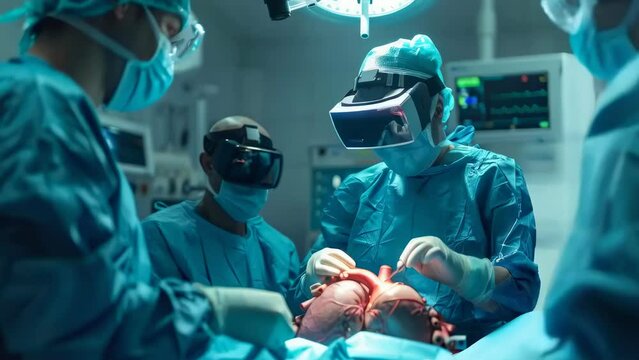 Surgeons equipped with virtual reality headsets perform a precise cardiac surgery, utilizing cutting-edge technology to enhance accuracy and outcomes in a modern operating room