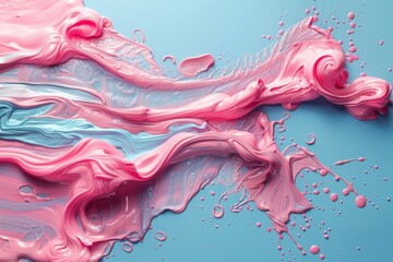 A mesmerizing swirl of pink and blue paint creates a fluid abstract art piece, conveying motion and fusion of colors