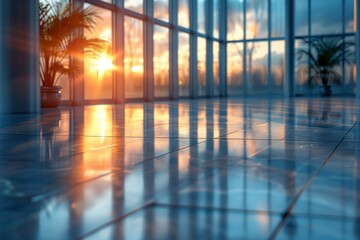 The scene captures the beautiful sunset through the tall windows of a modern office interior with reflections