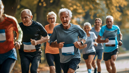 of mature joggers wearing race bibs and participating in a community fun run, showcasing their competitive spirit and engagement with the local community, Running, Group Of People,