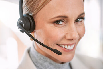 Call center, portrait and woman smile in office consulting for crm, faq or contact us with customer support. Telemarketing, face or friendly insurance consultant with virtual, help and b2b networking