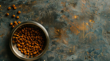 A bowl of dog food on a concrete surface.