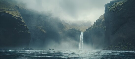 Scenic waterfall in front of a beautiful landscape, created with AI - Powered by Adobe