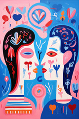 Harmony of love and nature in vivid abstract painting of two faces amid nature symbols in pink and blue hues.