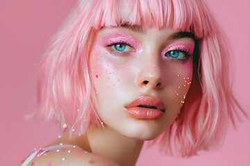 Fototapeta premium Woman with pink hair and blue eyes. Pastel aesthetic.