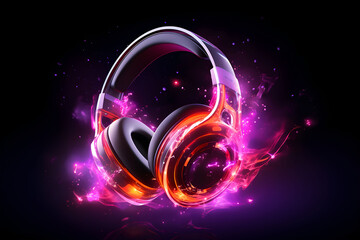 A headphones with vibrant pink and orange glowing lights emanating from the earpieces, creating a futuristic and stylish look.