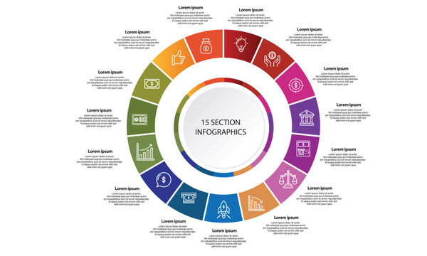 Collection of vector circle chart infographic templates for presentations, advertising, layouts, annual reports. 15 options, steps, parts
