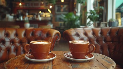 Parallax effect and soft motion cafe cup coffee steam. Cozy kafe aesthetic interior. High quality 4k footage