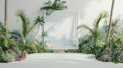 A white frame with a picture of a beach and palm trees