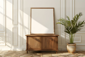 Large wooden frame for vertical wall art mockups. Minimalist Japandi interior design with mid century cabinet and plants.