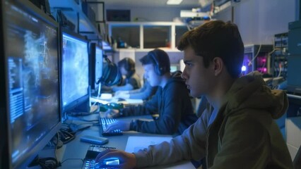 In a dimly lit room, a focused group of operators monitor and analyze real-time cybersecurity threats, navigating through complex data visualizations and security software to safeguard digital assets - Powered by Adobe