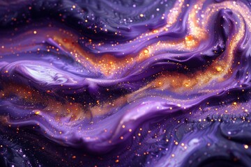 An abstract cosmic scene featuring a swirling purple design with star-like sparkles