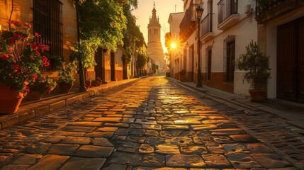 The quiet cobblestone streets of Cordoba Spain in the early morning with the historic Mezquita...