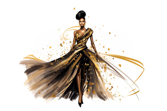 Beautiful fashionable young black woman in golden evening gown, fashion sketch illustration style	