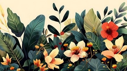 Flowers with  tropical leaves pattern background 