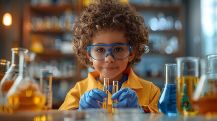 Cute little boy making science experiments in the laboratory. Science and education concept.