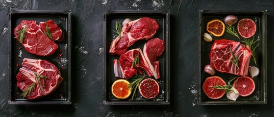 Top View Set of raw meat on a black background