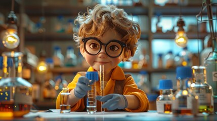 Cute little scientist in laboratory. Science, chemistry and education concept