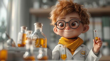 Cute little boy in lab coat and eyeglasses holding test tube