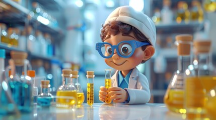 Cute little scientist in laboratory. Science, chemistry and education concept