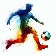 Naklejka premium football, man, running, ball, soccer ball, watercolor, dribbling, gradient, colorful, waving, athlete, sport, action, movement, energetic, game, competition, player, outdoors, training, exercise, athl