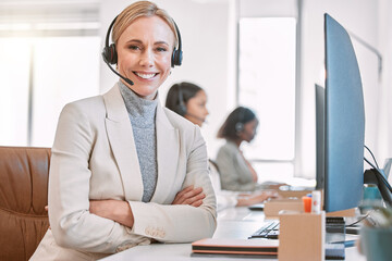 Call center, portrait and woman in office, smile and friendly for customer service, headset and...