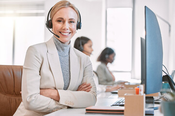 Call center, portrait and woman in office, smile and friendly for customer service, headset and tech support. Team, working and b2b for telemarketing, help and consulting for company, person or agent