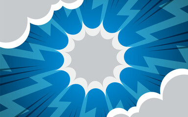 Halftone lightning explosion pop art comic background with clouds. Vector Illustration