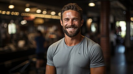 Fototapeta na wymiar Portrait of a handsome man smiling at the camera in a gym