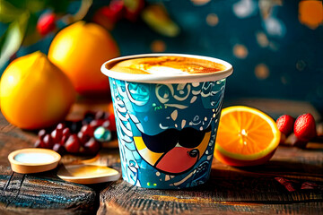 Orange raff coffee in paper cup with mustache and smile for Father's Day on wooden table with fruits. Vegetarian Breakfast. Healthy food