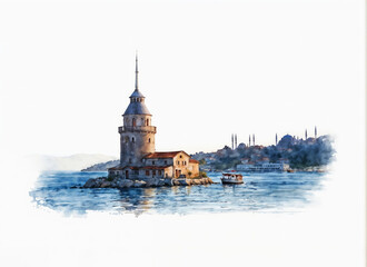Maiden Tower in Istanbul, Turkey. watercolor sketch