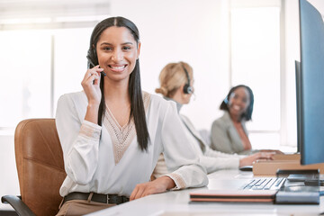 Call center, portrait and headset of woman, smile and friendly for customer service, team and tech...