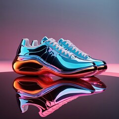 A pair of holographic sneakers with neon lighting. Reflection on a mirror surface