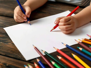  Child Drawing, Colored Pencils Scattered on White Paper, Artisanal Craftsman Style, Warm Tones, Close-Up