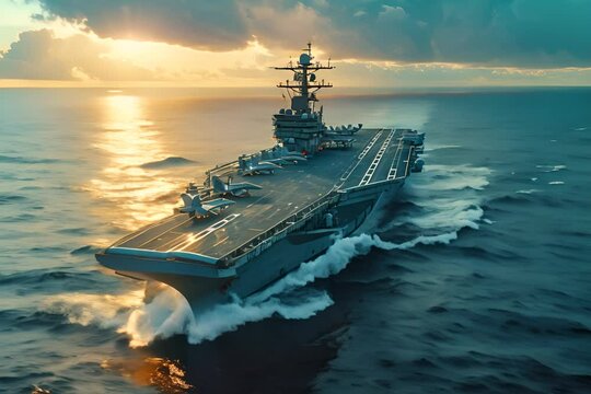Military ship aircraft carrier in the ocean, aerial view	
