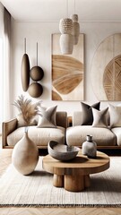 modern living room with beige sofa and wooden coffee table, boho interior design