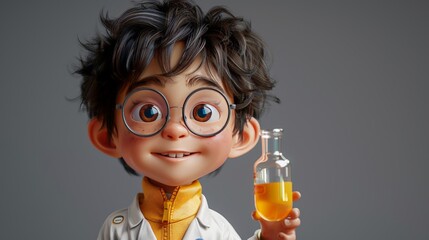 Cute little boy with glasses holding a bottle of orange juice.