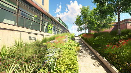 Public city library building exterior with lush green plants. Eco-friendly sustainable infrastructure concept