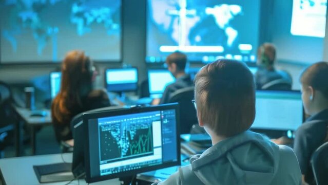 Students focused on their monitors in a modern, technology-driven classroom environment, highlighting contemporary education and digital learning. Data Protection and Artificial Intelligence