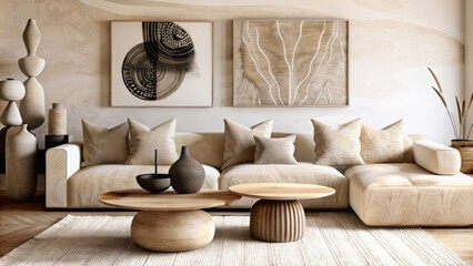 modern living room with beige sofa and wooden coffee table, boho interior design